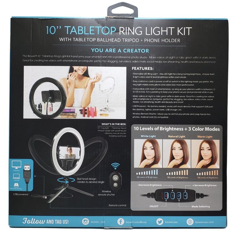 WATRL10 - SELFIE RING LIGHT 10IN TRIPOD+PH HOLDER W/3 LIGHT COLOUR AND REMOTE