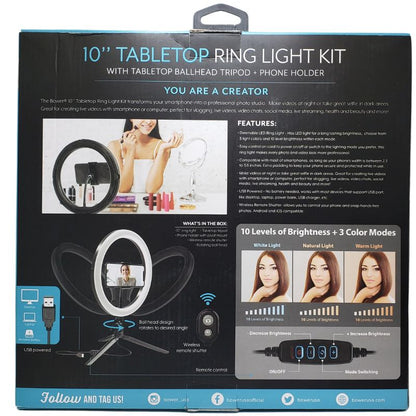 WATRL10 - SELFIE RING LIGHT 10IN TRIPOD+PH HOLDER W/3 LIGHT COLOUR AND REMOTE